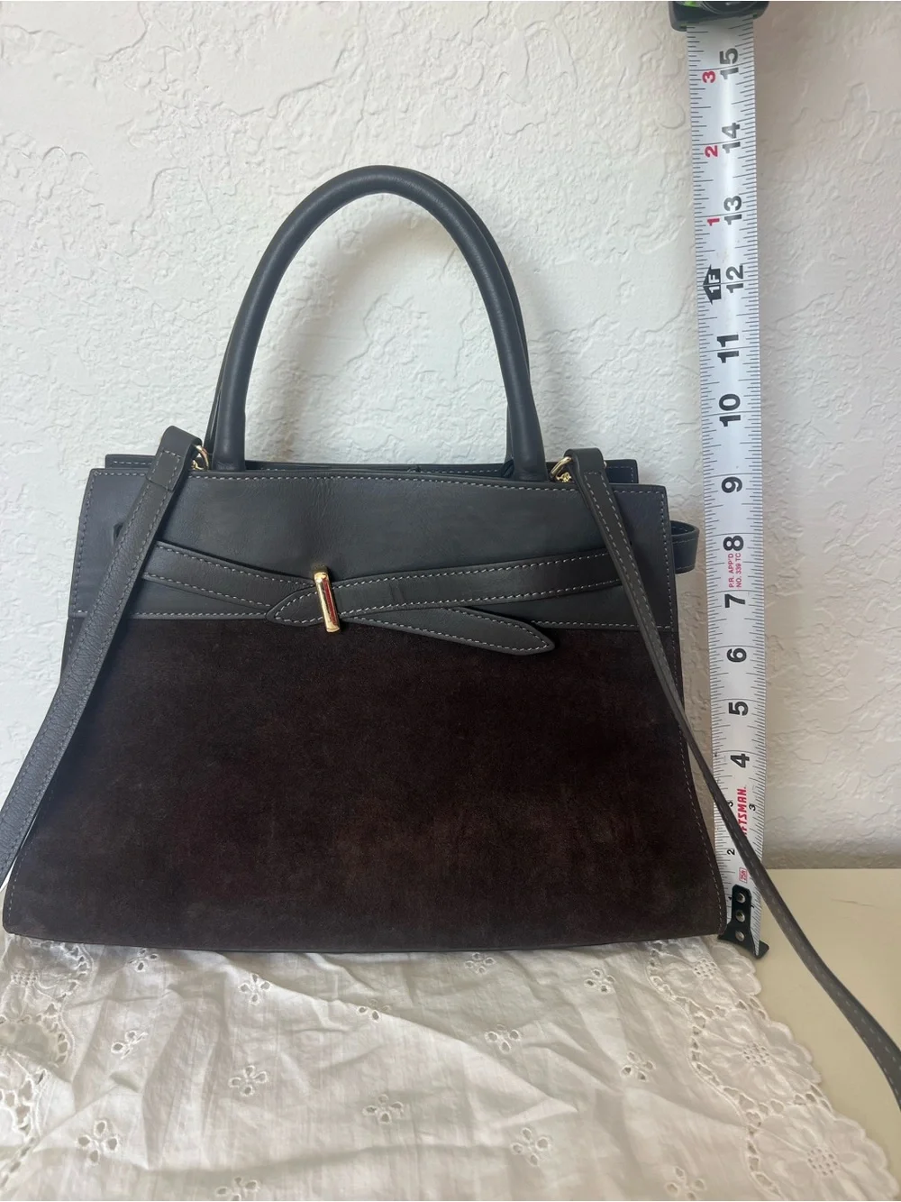 Italian Genuine Leather Suede Satchel Handbag Dark Brown Top Handle Crossbody